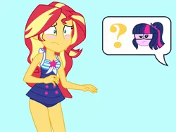 Size: 2048x1536 | Tagged: safe, artist:draymanor57, derpibooru import, sunset shimmer, human, equestria girls, clothes, humanized, implied sci-twi, one-piece swimsuit, sleeveless, swimsuit, swimsuit swap, swimsuit theft