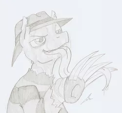 Size: 785x727 | Tagged: safe, artist:ravenpuff, deleted from derpibooru, derpibooru import, oc, ponified, earth pony, pony, a nightmare on elm street, clothes, crossover, earth pony oc, evil grin, freddy krueger, grayscale, grin, hat, male, metal claws, monochrome, prehensile tongue, raised hoof, slasher, smiling, solo, stallion, tongue out, traditional art