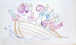 Size: 4096x2463 | Tagged: safe, artist:dawnfire, derpibooru import, rarity, twilight sparkle, twilight sparkle (alicorn), alicorn, pony, unicorn, axe, boat, female, glowing horn, helmet, horn, horned helmet, mare, ocean, photo, sketch, sketches from a hat, sword, traditional art, viking, viking helmet, weapon