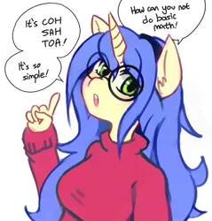 Size: 561x586 | Tagged: safe, artist:saikoot, derpibooru import, oc, oc:logical leap, unofficial characters only, anthro, unicorn, anthro oc, blatant lies, clothes, dialogue, female, glasses, hairband, looking at you, mare, nerd, simple background, sweater, white background