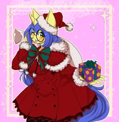 Size: 4000x4092 | Tagged: safe, artist:nemu majo, derpibooru import, oc, oc:logical leap, unofficial characters only, anthro, unicorn, abstract background, anthro oc, bow, capelet, christmas, clothes, commission, female, glasses, hat, holiday, mare, one eye closed, present, sack, santa hat, tongue out, wink, ych result