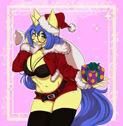 Size: 4000x4092 | Tagged: suggestive, alternate version, artist:nemu majo, derpibooru import, oc, oc:logical leap, unofficial characters only, anthro, unicorn, abstract background, anthro oc, belt, big breasts, bow, bra, breasts, christmas, cleavage, clothes, commission, daisy dukes, female, glasses, hat, holiday, jacket, mare, one eye closed, present, sack, santa hat, shorts, socks, stockings, thigh highs, tongue out, underwear, wink, ych result