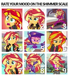 Size: 1000x1100 | Tagged: safe, derpibooru import, edit, edited screencap, screencap, sunset shimmer, driving miss shimmer, equestria girls, equestria girls (movie), equestria girls series, friendship games, legend of everfree, rainbow rocks, book, chart, cropped, cute, excited, facepalm, karate, motorcycle, rageset shimmer, screaming, shimmerbetes, singing, want