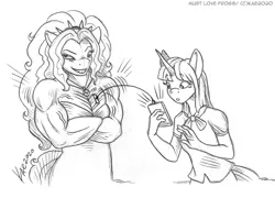 Size: 1200x863 | Tagged: acardio dazzle, adagio dazzle, anthro, artist:kaemantis, commission, derpibooru import, monochrome, muscles, safe, twilight sparkle