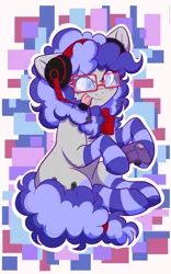 Size: 3000x4819 | Tagged: safe, artist:twisted-sketch, derpibooru import, oc, oc:cinnabyte, unofficial characters only, earth pony, pony, adorkable, bandana, clothes, commission, cute, dork, earth pony oc, female, gaming headset, glasses, headset, mare, socks, striped socks, tongue out