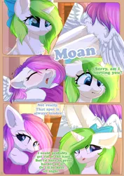 Size: 800x1132 | Tagged: safe, artist:alphadesu, derpibooru import, oc, oc:minty root, oc:snow kicker, unofficial characters only, pegasus, pony, unicorn, comic:sisterly love, amputee, blushing, bow, chest fluff, comic, ear fluff, eyes closed, female, floppy ears, hair bow, hooves, horn, lying down, mare, massage, moaning, open mouth, pillow, prone, sitting, smiling, spread wings, wings