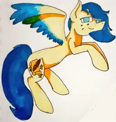 Size: 976x1024 | Tagged: artist needed, safe, derpibooru import, oc, oc:aiding assistant, unofficial characters only, pegasus, pony, flying, freckles, male, photo, solo, stallion, traditional art