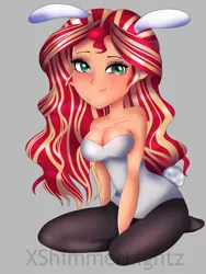 Size: 1536x2048 | Tagged: source needed, suggestive, artist:xshimmerlightz, derpibooru import, sunset shimmer, equestria girls, blushing, breasts, bunny ears, bunny suit, clothes, leotard, looking at you, pantyhose, sexy, smiling at you, solo