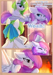 Size: 800x1132 | Tagged: safe, artist:alphadesu, derpibooru import, oc, oc:minty root, oc:snow kicker, unofficial characters only, pegasus, pony, unicorn, comic:sisterly love, amputee, bow, chest fluff, comic, ear fluff, female, fire, fireplace, floppy ears, hair bow, hooves, horn, lying down, mare, massage, moaning, one eye closed, pillow, prone, sigh, sitting, smiling, spread wings, wings