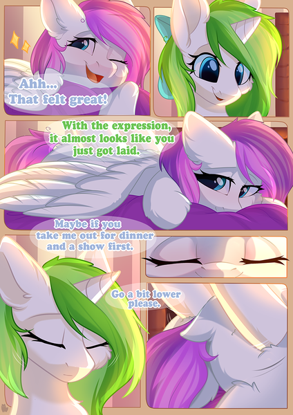 Size: 800x1132 | Tagged: safe, artist:alphadesu, derpibooru import, oc, oc:minty root, oc:snow kicker, unofficial characters only, pegasus, pony, unicorn, comic:sisterly love, amputee, bow, comic, ear fluff, eyes closed, female, floppy ears, hair bow, hooves, horn, lying down, mare, massage, one eye closed, open mouth, pillow, prone, sitting, smiling, spread wings, wings