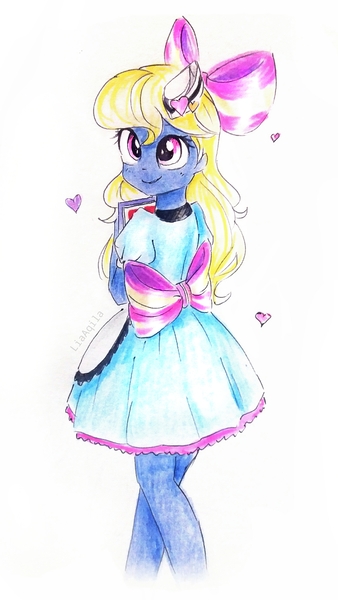 Size: 2118x3765 | Tagged: safe, artist:liaaqila, derpibooru import, oc, oc:azure/sapphire, coinky-dink world, eqg summertime shorts, equestria girls, apron, bow, clothes, crossdressing, dress, equestria girls-ified, femboy, hat, maid, male, skirt, sockhop, trap, uniform, waitress