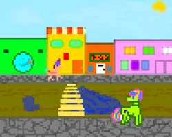 Size: 400x320 | Tagged: safe, artist:kujivunia, derpibooru import, edit, pony, bridge, pavement, pixel art, puddles, sun, town