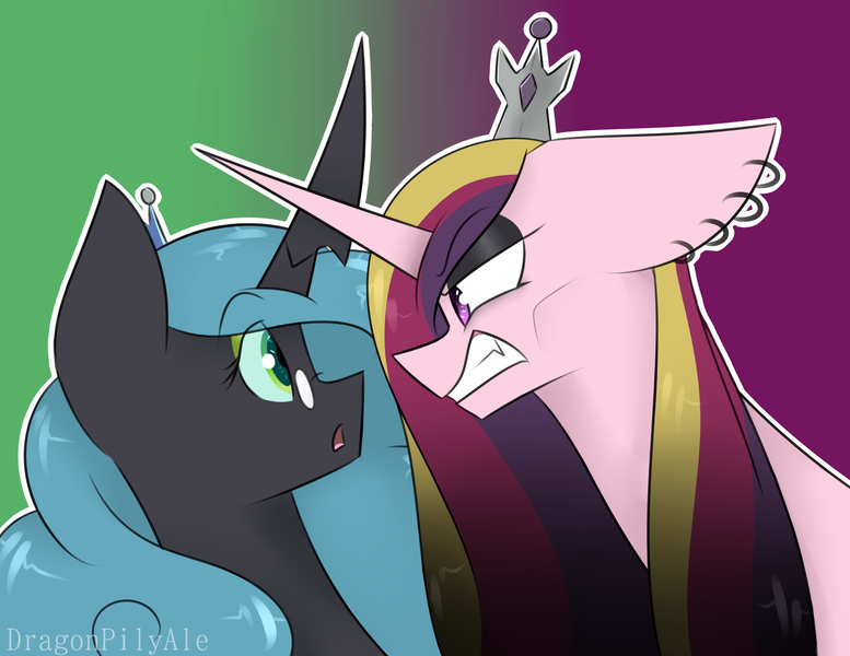 Size: 2170x1675 | Tagged: artist:dragonpilyale, crossing horns, derpibooru import, duo, evil cadance, idw, intimidating, mirror universe, princess cadance, queen chrysalis, reflections, reversalis, safe, scowl, signature, spoiler:comic