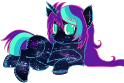 Size: 1638x1101 | Tagged: safe, artist:homumu, derpibooru import, oc, oc:andromeda, unofficial characters only, pony, unicorn, female, horn, lying down, mare, simple background, smiling, solo, starry hair, transparent background, unicorn oc, unshorn fetlocks