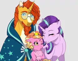 Size: 8280x6480 | Tagged: safe, artist:gamblingfoxinahat, derpibooru import, luster dawn, starlight glimmer, sunburst, pony, unicorn, blushing, chest fluff, cloak, clothes, eyes closed, female, filly, filly luster dawn, glasses, headcanon, male, mare, offspring, one eye closed, parent:starlight glimmer, parent:sunburst, parents:starburst, shipping, simple background, stallion, starburst, story in the source, straight, unshorn fetlocks, white background