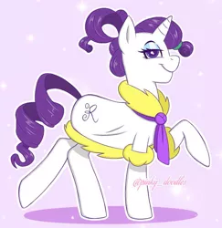 Size: 784x808 | Tagged: safe, alternate version, artist:pinkyydoodles, derpibooru import, rarity, pony, unicorn, bathrobe, clothes, colored pupils, eyeshadow, female, makeup, mare, profile, purple background, raised hoof, robe, simple background, smiling, solo, spa robe