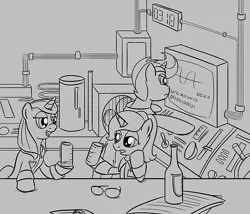 Size: 700x600 | Tagged: safe, artist:sirvalter, derpibooru import, oc, oc:professor beaker, oc:scoperage, oc:weatherglass, unofficial characters only, pony, unicorn, fanfic, fanfic:steyblridge chronicle, black and white, bottle, clothes, fanfic art, female, glasses, grayscale, hooves, horn, illustration, lab coat, laboratory, male, mare, monochrome, open mouth, research institute, scientist, smiling, stallion