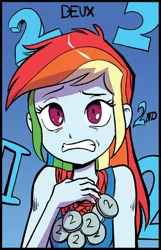 Size: 1130x1751 | Tagged: safe, artist:pencils, derpibooru import, idw, rainbow dash, equestria girls, spoiler:comic, spoiler:comicequestriagirlsmarchradness, cropped, gritted teeth, medal, second place, sleeveless, solo