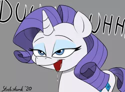 Size: 930x686 | Tagged: safe, artist:strebiskunk, derpibooru import, rarity, pony, unicorn, drool, duh, female, gray background, mare, open mouth, simple background, solo, vacant expression