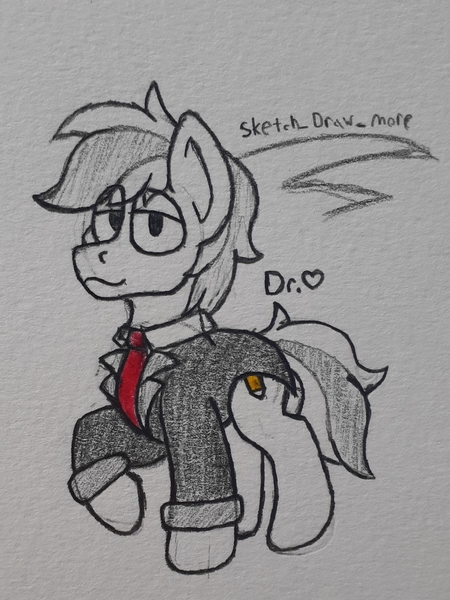 Size: 1997x2663 | Tagged: safe, artist:drheartdoodles, derpibooru import, oc, oc:sketch draw more, earth pony, pony, clothes, earth pony oc, fullbody, necktie, smiling, suit, traditional art, tuxedo