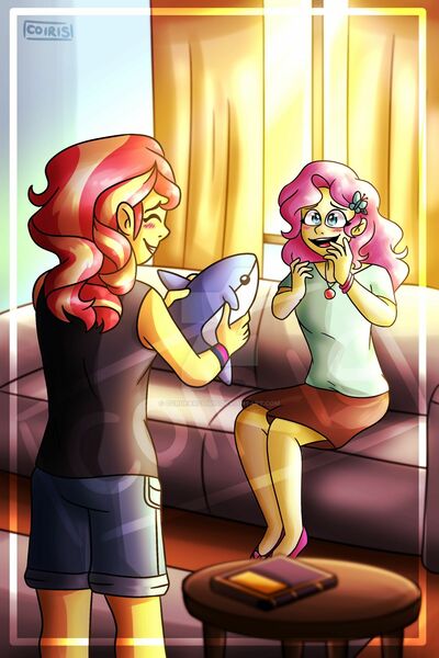 Size: 1600x2400 | Tagged: safe, artist:cordearcoiris, derpibooru import, fluttershy, sunset shimmer, fanfic, fanfic:playing house, series:who we become, equestria girls, book, couch, curtains, cute, fanfic art, female, lesbian, plushie, shipping, sitting, standing, sunfish, sunshyne, table