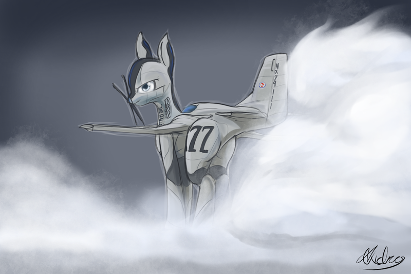 Size: 1500x1000 | Tagged: safe, artist:andromailus, derpibooru import, oc, ghost, original species, plane pony, pony, undead, looking at you, looking back, p-51 mustang, plane, simple background, smoke, solo