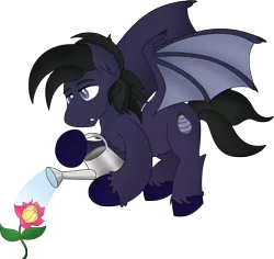 Size: 2082x1962 | Tagged: safe, artist:poseidonathenea, derpibooru import, oc, oc:manedragora, unofficial characters only, bat pony, commissioner:reversalmushroom, flower, simple background, solo, transparent background, watering can