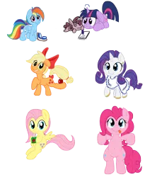 Size: 2800x3150 | Tagged: safe, artist:grumblepluck, derpibooru import, applejack, fluttershy, pinkie pie, rainbow dash, rarity, smarty pants, twilight sparkle, earth pony, pegasus, pony, unicorn, apple, belly button, bipedal, bow, clothes, cute, drinking, female, food, freckles, fur, goggles, hair bow, image, juice, juice box, looking at you, mane six, png, quill, simple background, tail bow, tongue out, transparent background, weapons-grade cute, younger