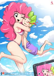 Size: 2067x2923 | Tagged: artist:ryured, belly button, bikini, blood, breasts, busty pinkie pie, clothes, derpibooru import, female, high res, human, humanized, male, nosebleed, ocean, pinkie pie, pinkiespike, remake, selfie, shipping, spike, straight, suggestive, swimsuit, wide eyes
