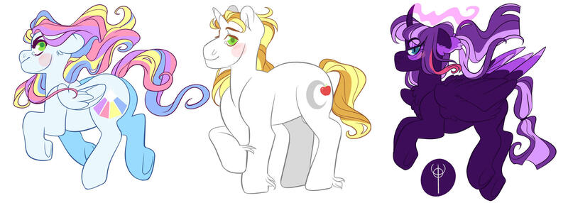 Size: 2480x886 | Tagged: safe, artist:rainbowfactory20, derpibooru import, oc, oc:harvest moon, oc:lucent, oc:nox, unofficial characters only, alicorn, pegasus, pony, unicorn, kilalaverse, pandoraverse, magical gay spawn, offspring, offspring's offspring, parent:oc:artemis, parent:oc:golden delicious, parent:oc:magnolia may, parent:oc:moondancer, parent:oc:prism bolt, parent:oc:starburst, parents:oc x oc, simple background, white background