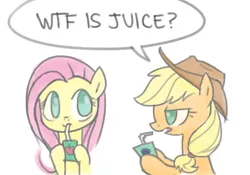 Size: 720x504 | Tagged: artist needed, safe, derpibooru import, applejack, fluttershy, earth pony, pegasus, pony, applejack is not amused, duo, female, grape juice, juice, juice box, mare, no pupils, simple background, text, unamused, white background