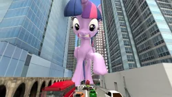 Size: 1920x1080 | Tagged: safe, artist:jeroen01, derpibooru import, twilight sparkle, twilight sparkle (alicorn), alicorn, pony, 3d, 3d model, attack on twi-tan, building, car, city, female, giant pony, giantess, looking down, macro, mare, police car, raised hoof, shocked, twizilla, vehicle