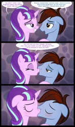 Size: 1063x1778 | Tagged: safe, artist:culu-bluebeaver, derpibooru import, starlight glimmer, oc, oc:bluehooves, earth pony, pony, unicorn, comic:the newcomer, the cutie map, bedroom eyes, blushing, canon x oc, comic, dialogue, eyes closed, female, glimmooves, kissing, lidded eyes, looking at each other, male, mare, messy mane, open mouth, passionate, s5 starlight, smiling, stallion, sweat, sweatdrop, tongue out