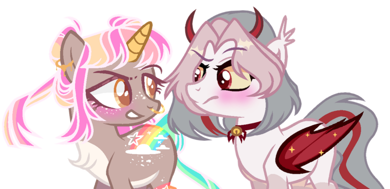 Size: 1280x623 | Tagged: safe, artist:bxby-mochi, artist:madelnheaven, derpibooru import, oc, oc:diva, oc:rowan, bat pony, pony, unicorn, colored horn, female, horn, mare, nose piercing, nose ring, piercing, simple background, transparent background