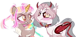 Size: 1280x623 | Tagged: safe, artist:bxby-mochi, artist:madelnheaven, derpibooru import, oc, oc:diva, oc:rowan, bat pony, pony, unicorn, colored horn, female, horn, mare, nose piercing, nose ring, piercing, simple background, transparent background