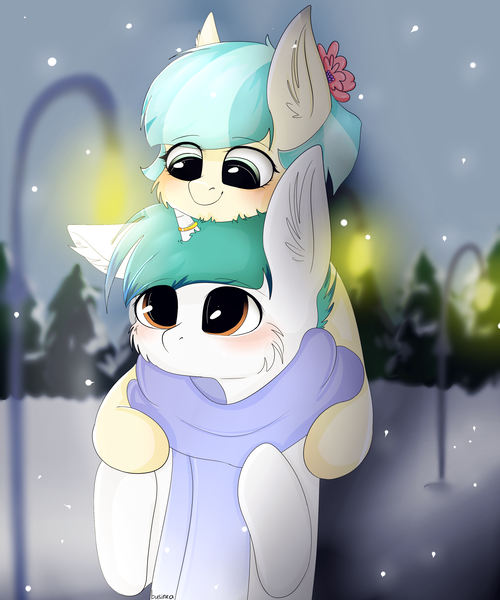 Size: 2500x3000 | Tagged: safe, artist:businka, derpibooru import, coco pommel, oc, oc:snowy blue, earth pony, unicorn, blushing, canon x oc, clothes, cocobetes, cocowy, commission, complex background, cute, ear fluff, female, flower, flower in hair, horn, horn ring, light post, male, ocbetes, ring, scarf, snow, snowfall, tree, ych result