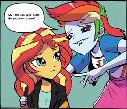 Size: 891x769 | Tagged: safe, artist:pencils, derpibooru import, edit, idw, rainbow dash, sunset shimmer, equestria girls, spoiler:comic, spoiler:comicequestriagirlsmarchradness, caption, dialogue, duo, faic, female, speech bubble, t1-86 calculator