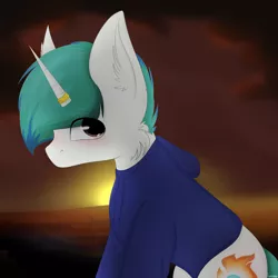 Size: 3000x3000 | Tagged: safe, artist:businka, derpibooru import, oc, oc:snowy blue, unicorn, blushing, clothes, complex background, cute, cutie mark, ear fluff, fluffy, hoodie, horn, horn ring, looking at you, male, ocbetes, ring, sunset