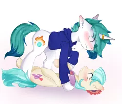 Size: 1764x1512 | Tagged: suggestive, artist:faeguku, derpibooru import, coco pommel, oc, oc:snowy blue, earth pony, unicorn, awkward, awkward moment, blushing, blushing profusely, canon x oc, clothes, cocowy, cutie mark, ear fluff, female, flower, flower in hair, hoodie, horn, horn ring, male, ring, simple background