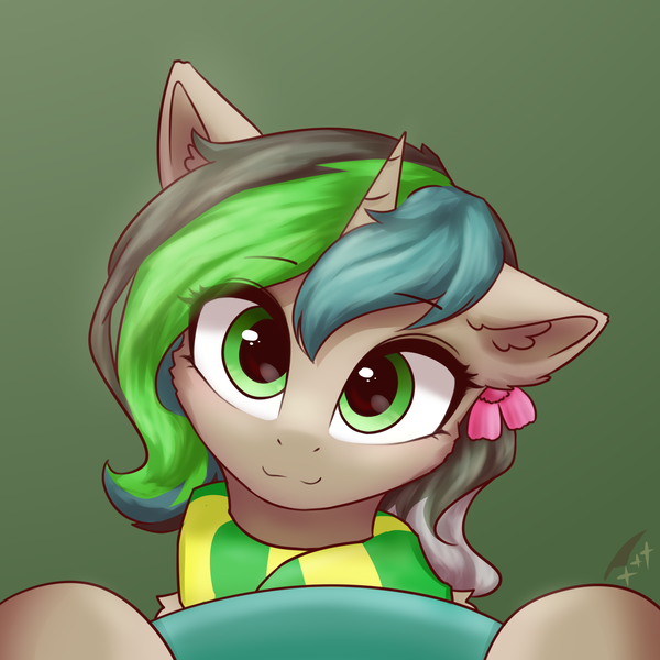 Size: 2000x2000 | Tagged: safe, artist:astery, derpibooru import, oc, oc:star shadow, unofficial characters only, pony, unicorn, clothes, female, gradient background, green background, looking at you, mare, scarf, simple background