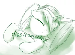 Size: 654x483 | Tagged: safe, artist:some_ponu, derpibooru import, lyra heartstrings, pony, unicorn, bed, blanket, cringing, dies from cringe, eyes closed, female, floppy ears, frown, image, implied death, mare, monochrome, on back, pillow, png, sketch, solo