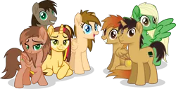 Size: 7852x4000 | Tagged: safe, artist:peahead, derpibooru import, oc, oc:cherry lights, oc:data wave, oc:firegold lust, oc:kathrine, oc:paper trail, oc:stellar winds, unnamed oc, unofficial characters only, earth pony, pegasus, pony, unicorn, absurd resolution, bedroom eyes, earth pony oc, female, folded wings, grin, group, group photo, group shot, happy, horn, lidded eyes, looking at you, male, mare, pegasus oc, simple background, smiling, smiling at you, spread wings, stallion, transparent background, unicorn oc, vector, wings