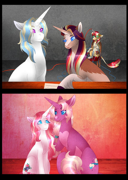 Size: 2000x2810 | Tagged: safe, artist:clay-bae, derpibooru import, oc, oc:cupid, oc:daybreak, oc:helios, oc:moondancer, oc:vogue, unofficial characters only, pony, unicorn, electrode, female, magical gay spawn, mare, offspring, parent:big macintosh, parent:flash sentry, parent:fleur-de-lis, parent:prince blueblood, parent:sunburst, parent:sunset shimmer, parent:trixie, parents:bluemac, parents:bluetrix, parents:flashburst, parents:fleur-de-blueblood, parents:shimmermac