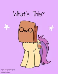 Size: 795x1005 | Tagged: safe, artist:paperbagpony, derpibooru import, edit, editor:melisareb, oc, oc:paper bag, unofficial characters only, earth pony, pony, draw me my new face, exploitable meme, female, mare, meme, owo, owo what's this?, paper bag, purple background, simple background, solo, stars