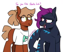 Size: 639x531 | Tagged: safe, artist:redxbacon, derpibooru import, oc, oc:bloody crunch, oc:calamari sunrise, unofficial characters only, earth pony, original species, pony, shark, shark pony, dialogue, duo, looking at each other, simple background, white background