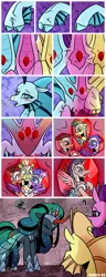 Size: 1500x3900 | Tagged: safe, artist:nancy-05, author:bigonionbean, derpibooru import, adagio dazzle, aria blaze, sonata dusk, oc, oc:empress sacer malum, oc:melicus ostium, alicorn, changeling, changeling queen, ghost, ghost pony, siren, umbrum, undead, comic:fusing the fusions, comic:time of the fusions, alicornified, alicorn oc, argument, blushing, chest, comic, commissioner:bigonionbean, confusion, conjoined, dazed, dialogue, dungeon, evil planning in progress, female, forced, fused, fusion, fusion:empress sacer malum, fusion:melicus ostium, gem, heat, horn, jewelry, magic, merge, multiple heads, nightmare, panting, prison, race swap, random pony, regalia, royal guard, shocked, siren gem, spell, tartarus, three heads, we have become one, wings