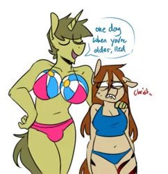 Size: 585x605 | Tagged: suggestive, artist:redxbacon, derpibooru import, oc, oc:red, oc:whatsapony, unofficial characters only, anthro, unicorn, belly button, bikini, breasts, clothes, cringing, crossdressing, crotch bulge, dialogue, eyes closed, female, male, open mouth, swimsuit, tankini