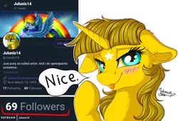 Size: 1024x696 | Tagged: safe, artist:julunis14, derpibooru import, rainbow dash, oc, oc:ayza, pegasus, pony, unicorn, bedroom eyes, blushes, floppy ears, meta, nice, screenshots, simple background, speech bubble, tongue out, transparent background, twitter