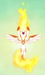 Size: 526x857 | Tagged: alicorn, a royal problem, cropped, daybreaker, derpibooru import, evil laugh, fire, hooves in air, laughing, mane of fire, nose in the air, open mouth, safe, screencap, solo, spread wings, wings