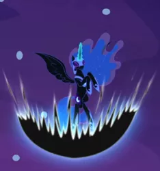 Size: 508x543 | Tagged: a royal problem, cropped, derpibooru import, eyes closed, glowing horn, horn, magic, magic aura, nightmare moon, powering up, safe, screencap, solo, spread wings, wings